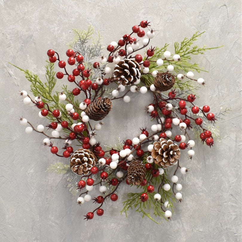 Set of 2 Snow Touched Cypress, Cedar, Pine Cone Wreath with Red & White Berries 20" in Red White Green | QDC22