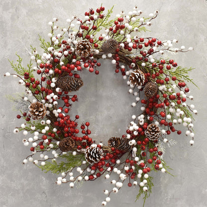 Snow Touched Cypress, Cedar, Pine Cone Wreath with Red & White Berries 20" in Red White Green | QDC22