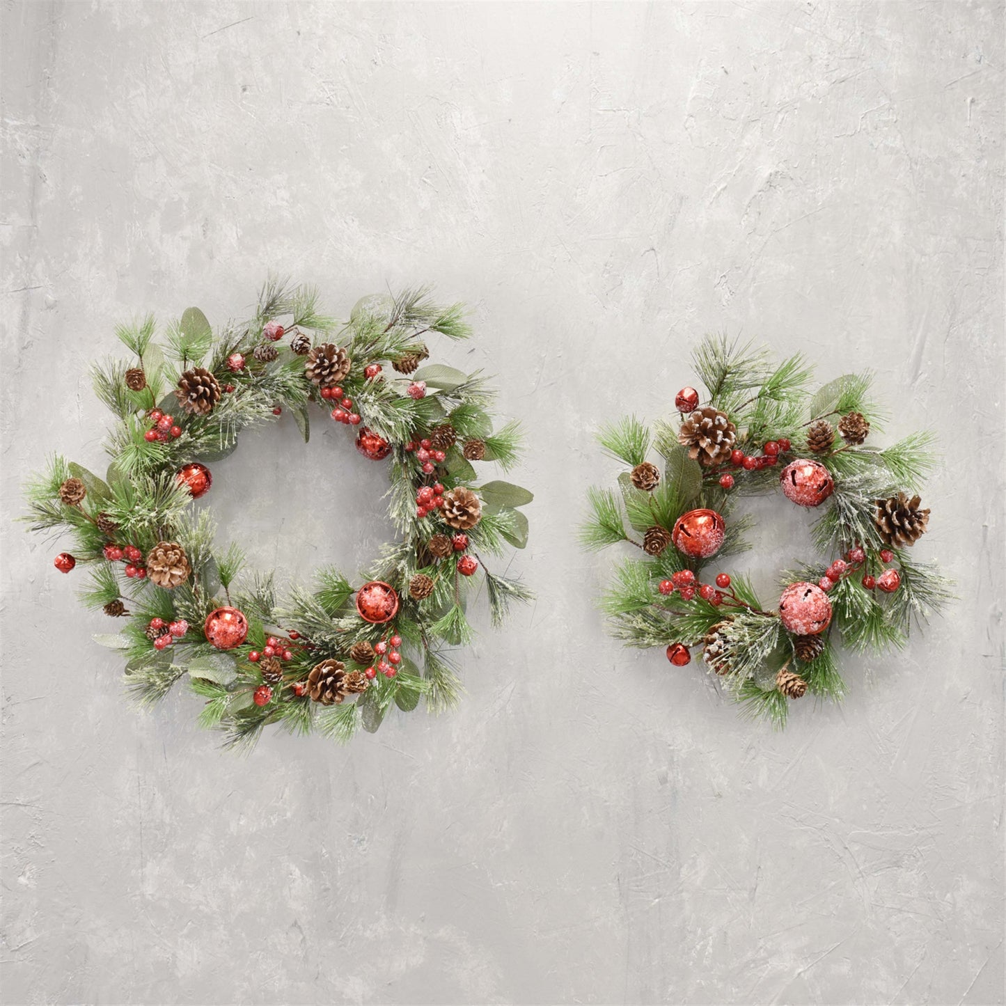 Set of 2 Joyful Iced Pine, Pinecone, Berry and Jingle Bell Wreath 20"-30" | QDC22