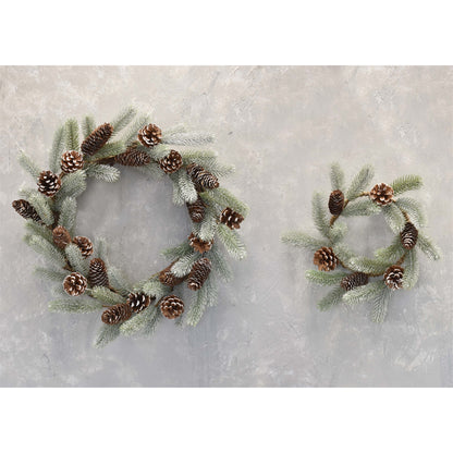 Set of 2 Subdued Winter Pine And Pinecone Wreath 16" & 30" in Frost Green White | QDC22