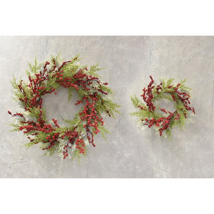 Set of 2 Snow Touched Cypress And Cedar Wreath With Red Berries 20"-30" in Red Green | QDC22