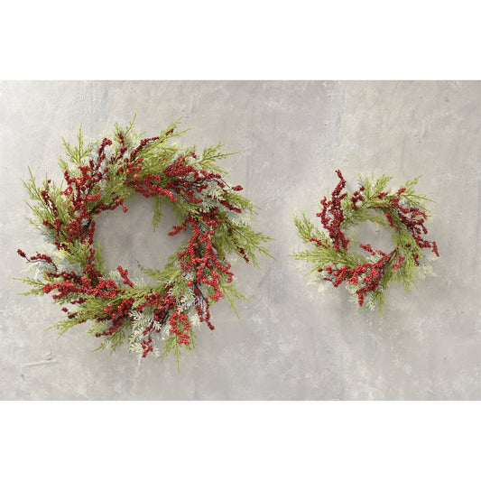 Set of 2 Snow Touched Cypress And Cedar Wreath With Red Berries 20"-30" in Red Green | QDC22