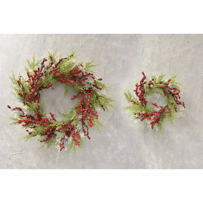 Snow Touched Cypress And Cedar Wreath With Red Berries 20"-30" in Red Green | QDC22