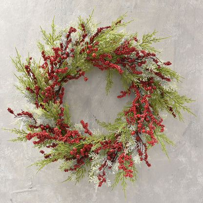 Set of 2 Snow Touched Cypress And Cedar Wreath With Red Berries 20"-30" in Red Green | QDC22