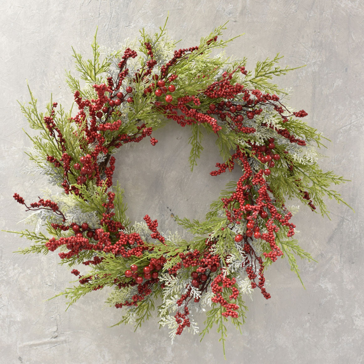 Snow Touched Cypress And Cedar Wreath With Red Berries 20"-30" in Red Green | QDC22