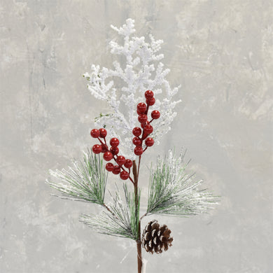 Flocked Pine And Cedar Spray With Pinecone and Red Berry 23.25