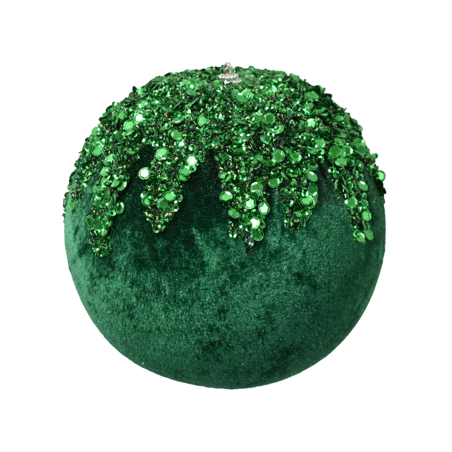 Velvet Christmas Ball With Dripping Sequin Design 5" in Dk. Green | TAC22