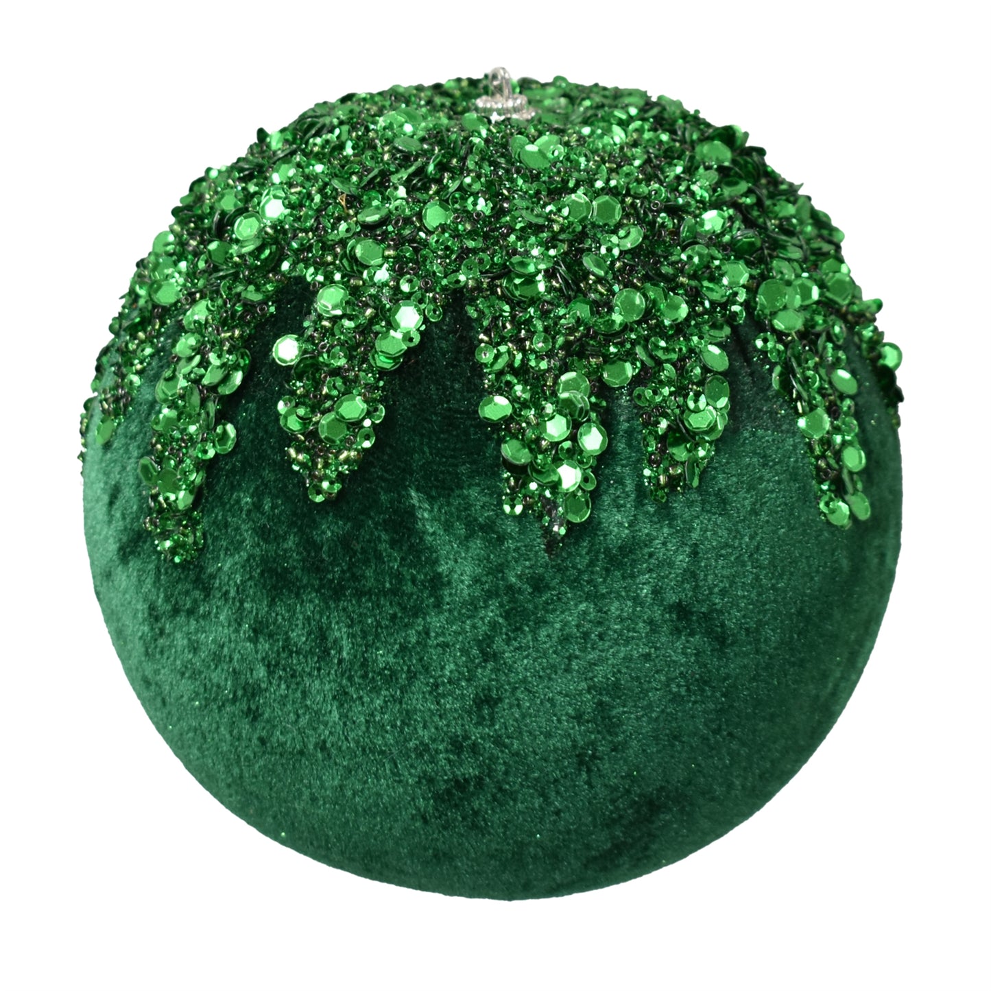 Velvet Christmas Ball With Dripping Sequin Design 6" in Dk. Green | TAC22