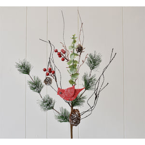 Frosted Pine/Pinecone/Berry Spray with Felt Cardinal 20" | QD