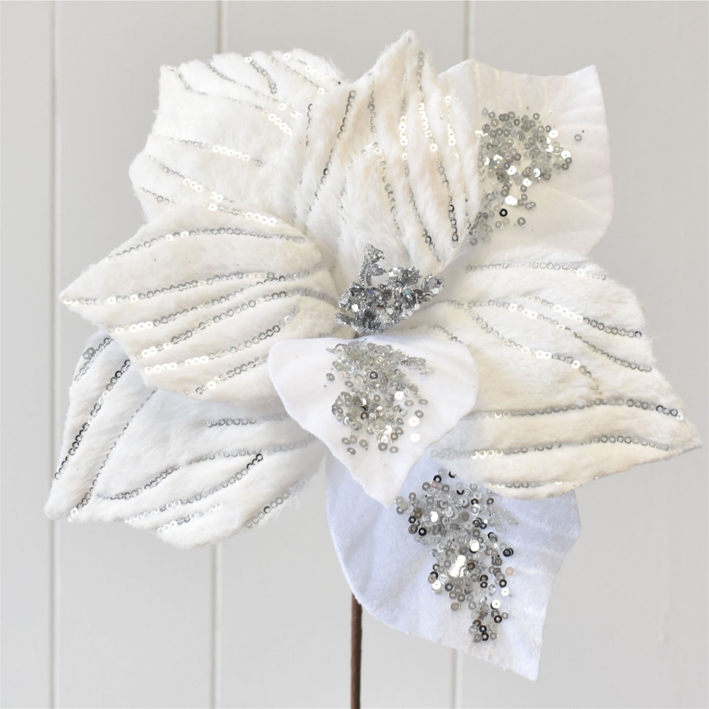 Velvet/Fur Glitter Poinsettia with Silver Specs 16" x 12"D in White/Silver | QD