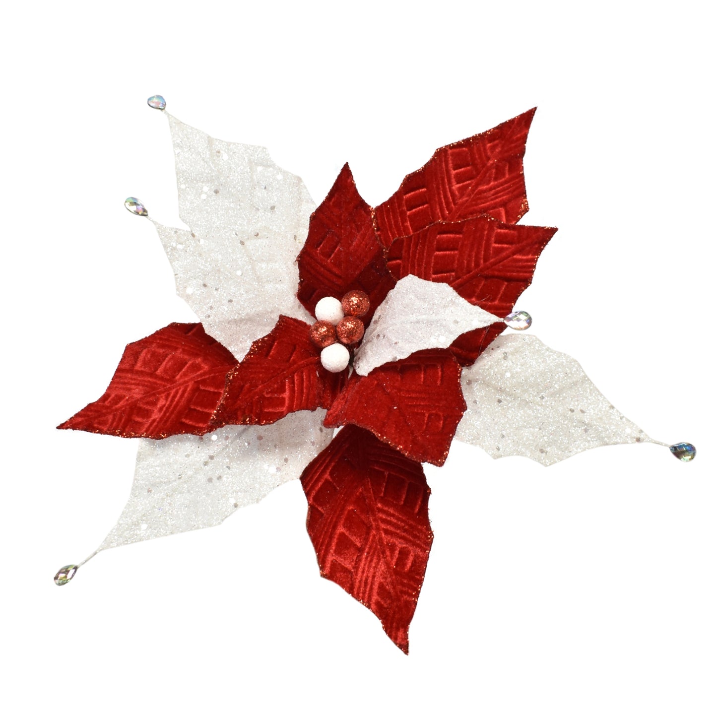 Glitter/Patterned Velvet Poinsettia w/ Jeweled Tips 15" x 14"D in Red/White | QD