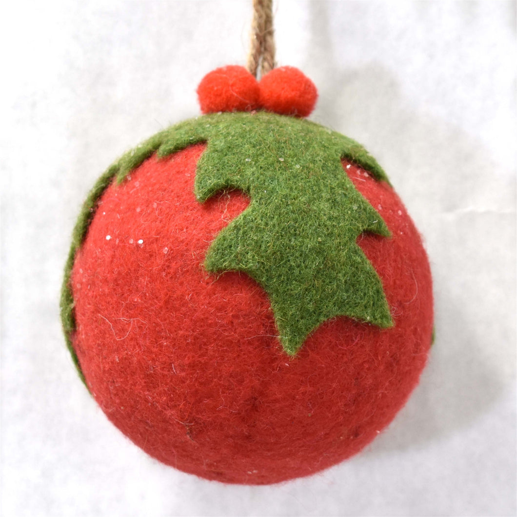 Lightly Glittered Holly Ball Ornament 3.75