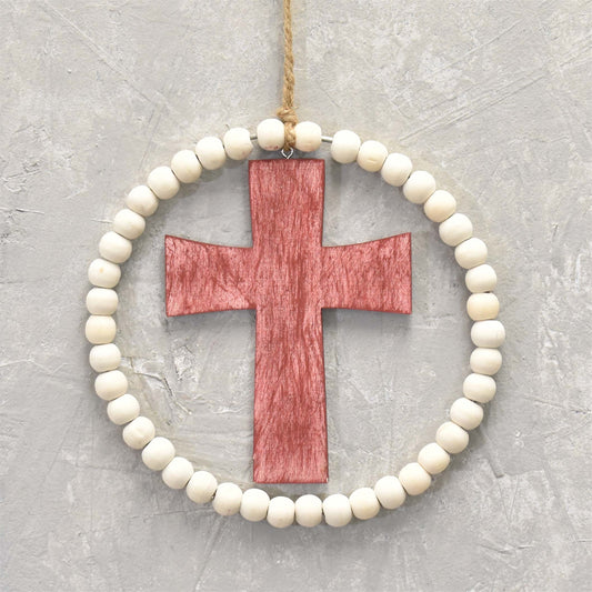 Spiritual Wooden Cross And Bead Ornament 6" in Ivory Red | BF
