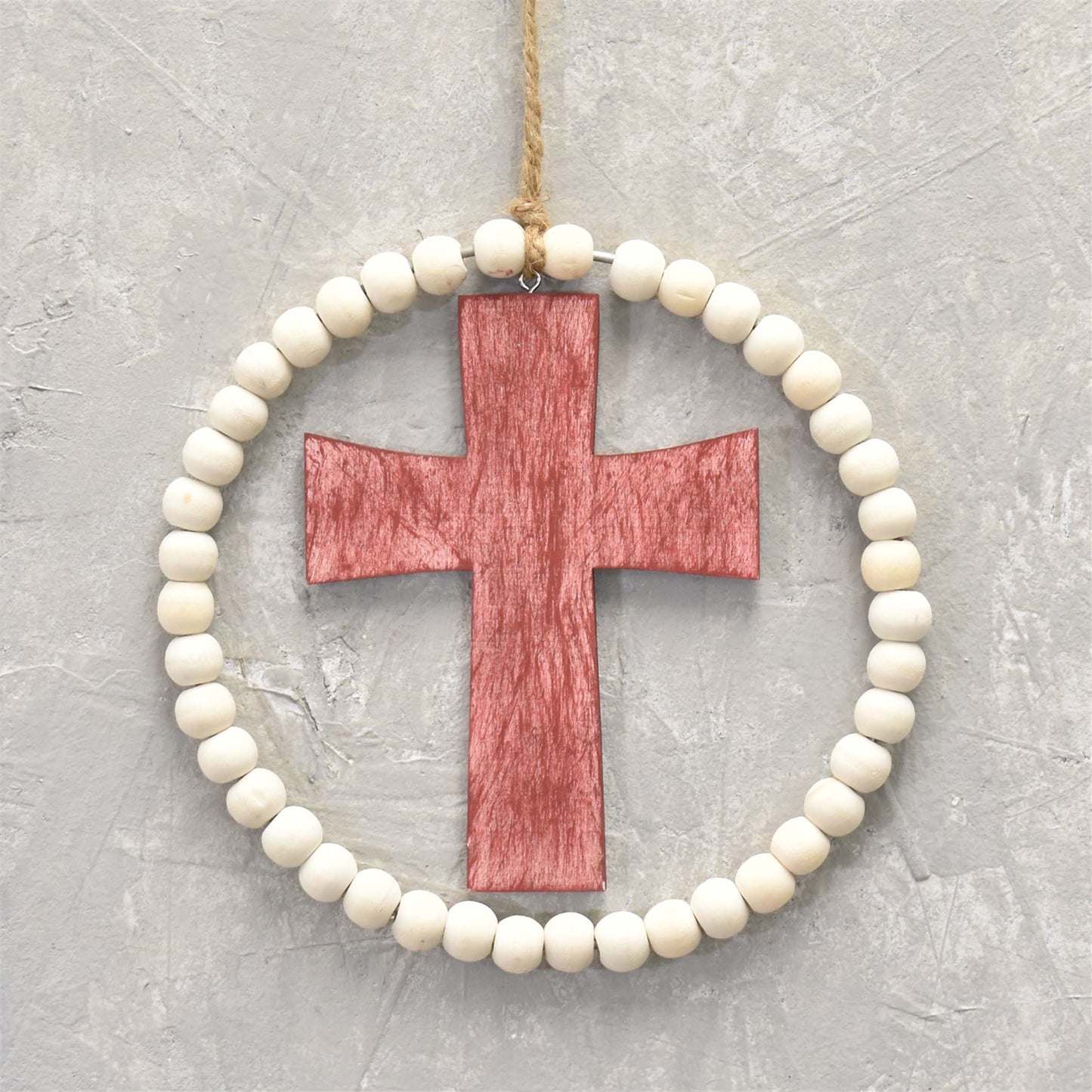 Spiritual Wooden Cross And Bead Ornament 6" in Ivory Red | BF