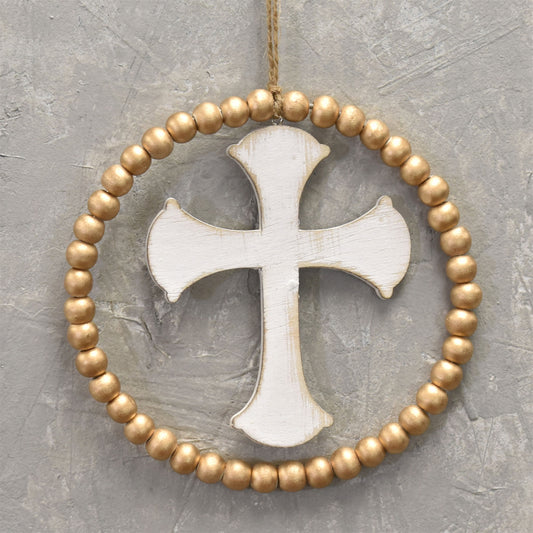Spiritual Wooden Cross And Bead Ornament 6" in Gold Ivory | BFC22