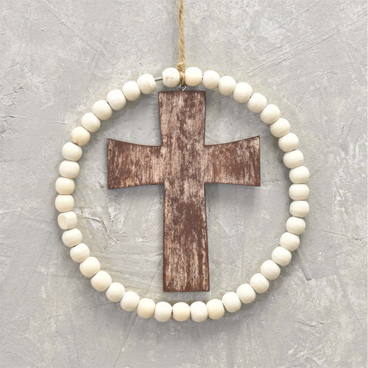 Spiritual Wooden Cross And Bead Ornament 6" in Ivory Brown | BFC22