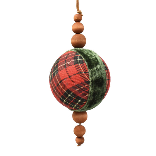 Wooden Bead And Plaid Ornament 8" in Red Black Gold | BFC22