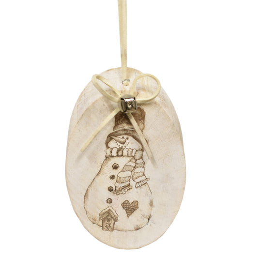 Wooden Whitewashed Snowman Disk Ornament 5" x 3" | BFC22