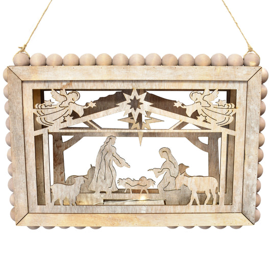 Wooden 3D Manger Scene Lightup/Battery Operated Ornament/Wall Decor 13.5" x 9.5" in Natural | BFC22