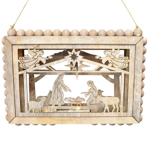 Wooden 3D Manger Scene Lightup/Battery Operated Ornament/Wall Decor 13.5" x 9.5" in Natural | BFC22