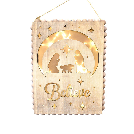 Wooden Believe Lightup/Battery Operated Ornament/Wall Decor 8.5" x 6.5" in Natural | BFC22