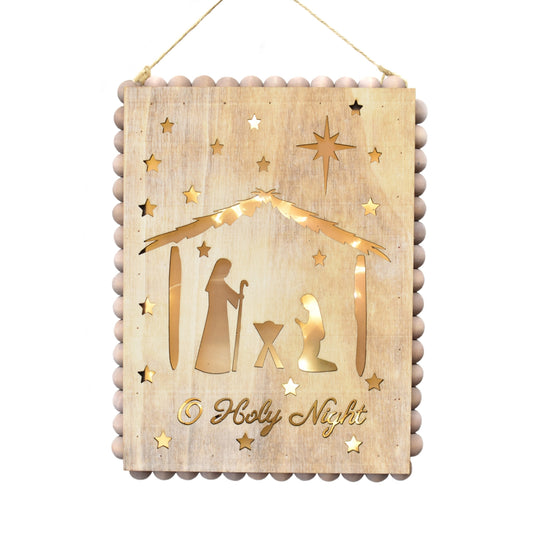 Wooden O Holy Night Lightup/Battery Operated Ornament/Wall Decor 8.5" x 6.5" in Natural | BFC22