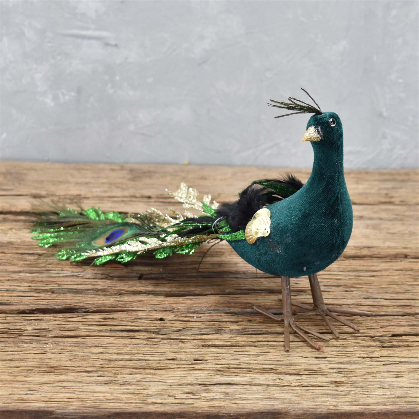 Dazzling Glittered And Feathered Peacock  6.75" x 15.5" in Emerald Gold Black | BFC22