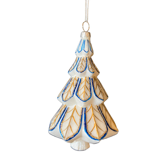 Christmas Tree Blue / White / Gold Glass Ornament | GS
