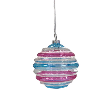 Candy Stripe Ball Ornament 3” - Pink/Blue/Clear  | GS