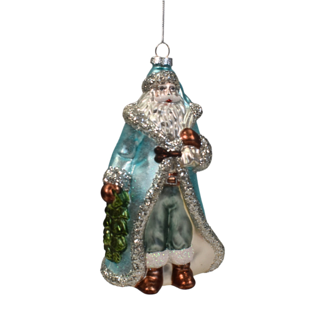 Blue Christmas Ornate Glass Santa Claus Ornament 7