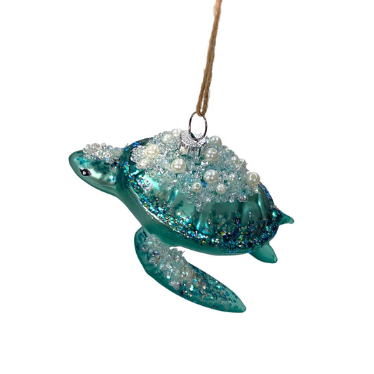 Under the Sea Pearl Turtle Glass Ornament 4" x 3.5"  | GS