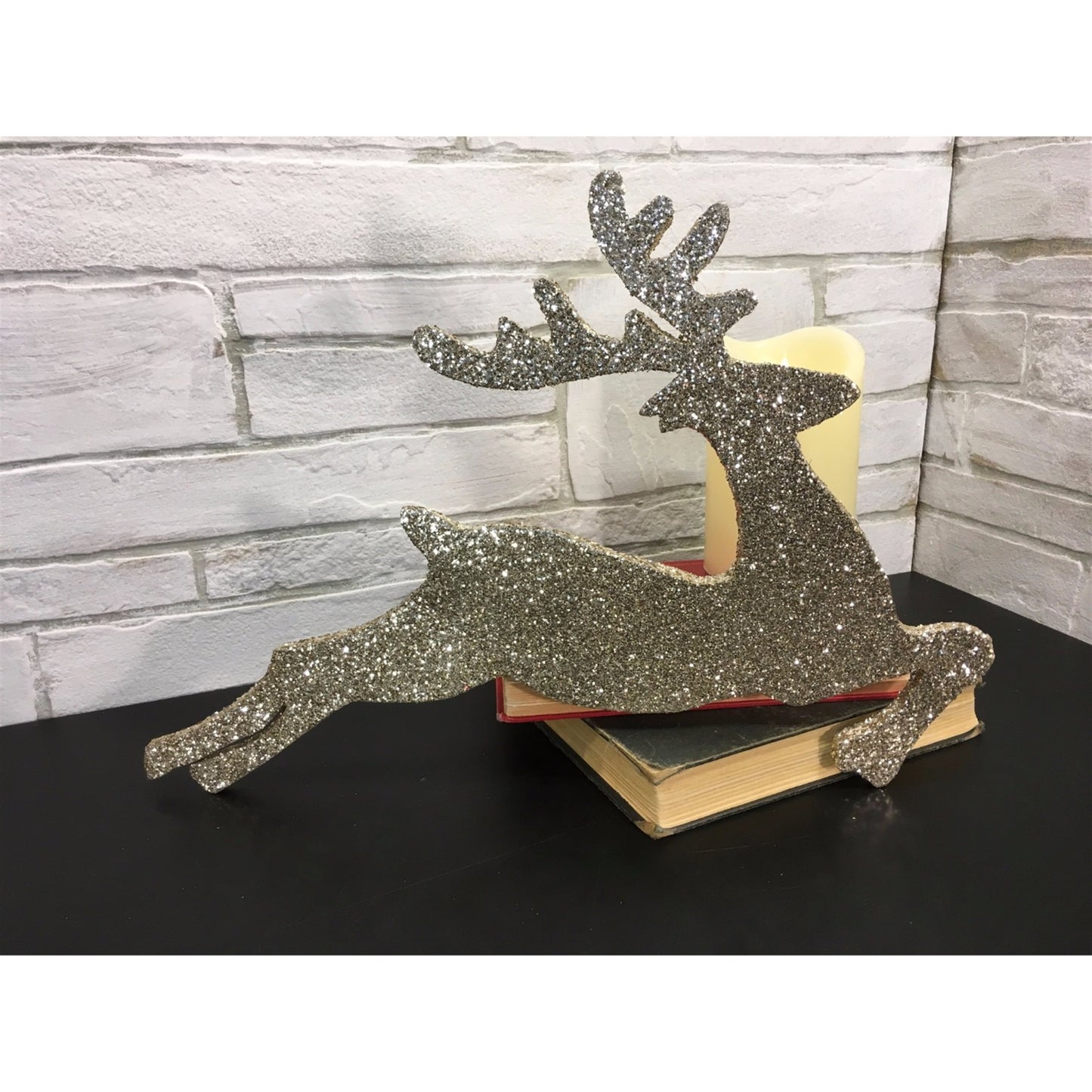16" Glitter Flat Deer Ornament in Champagne | TA
