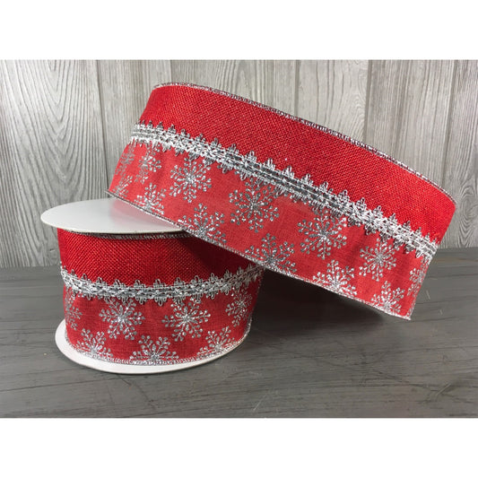 Red/Silver Glitter Snowflake Linen Ribbon (4" x 10yd)