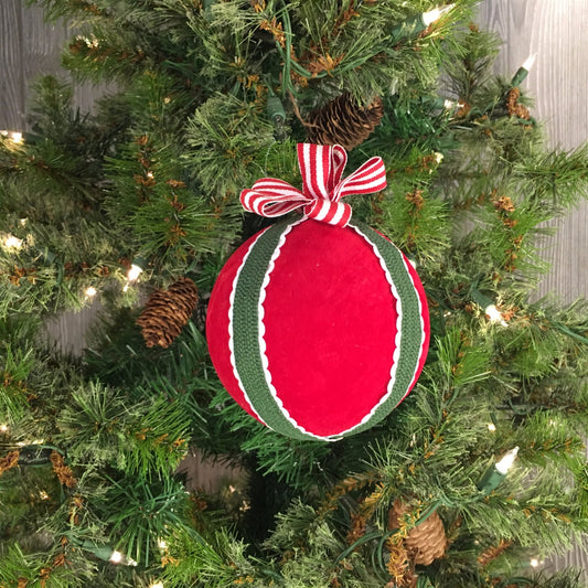 4" Red Velvet Ball with Green Stripe Ornament | TA