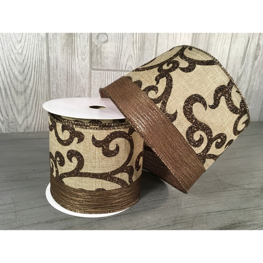 Glitter Script Linen / Metallic Edge Ribbon in Beige Brown (4"X10YD)