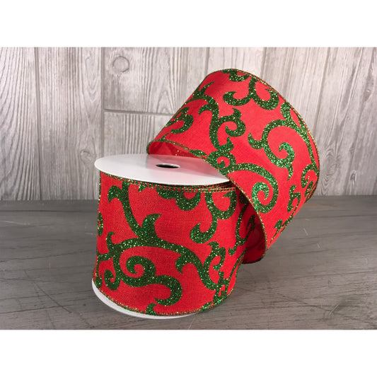 Glitter Script Linen / Metallic Edge Ribbon in Red/Emerald (4"X10YD)