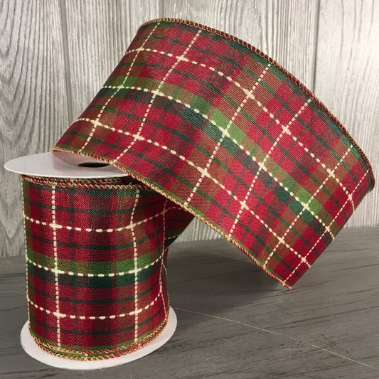 4"X10YD Dot Stripe Plaid Ribbon in Red/Green/Ivory | YT