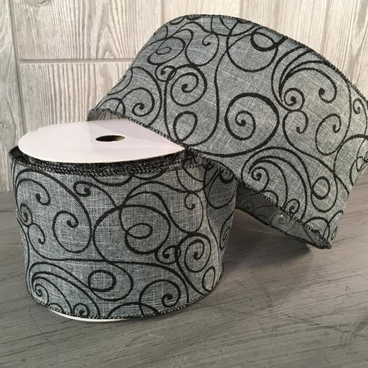 4"X10YD Swirl Ribbon in Gray/Black | YT