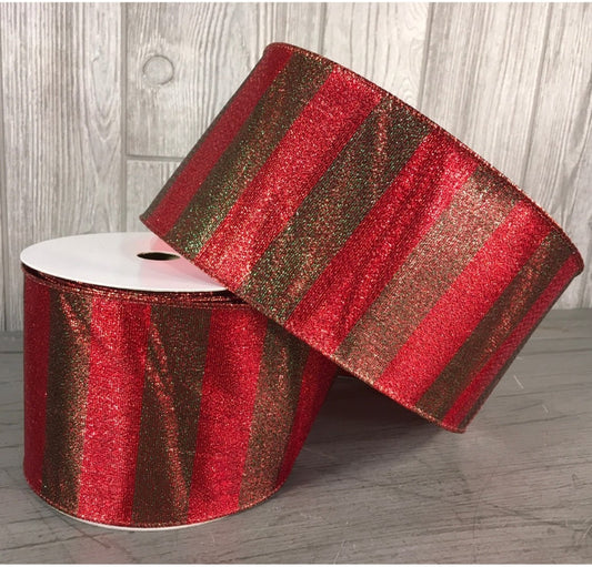 4"x10YD Metallic Woven Lame Stripe Ribbon in Red/Green | YT