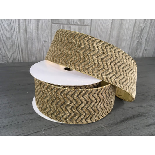 2.5"X10YD Gold Back Chevron Velvet Ribbon in Champagne/Gold | YT