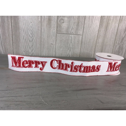 2.5"X10YD Glitter "Merry Christmas" Ribbon in White/Red | YT