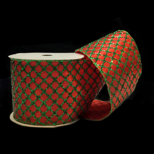 4"X10YD Raised Glitter Net Satin Ribbon in Red/Green | YT