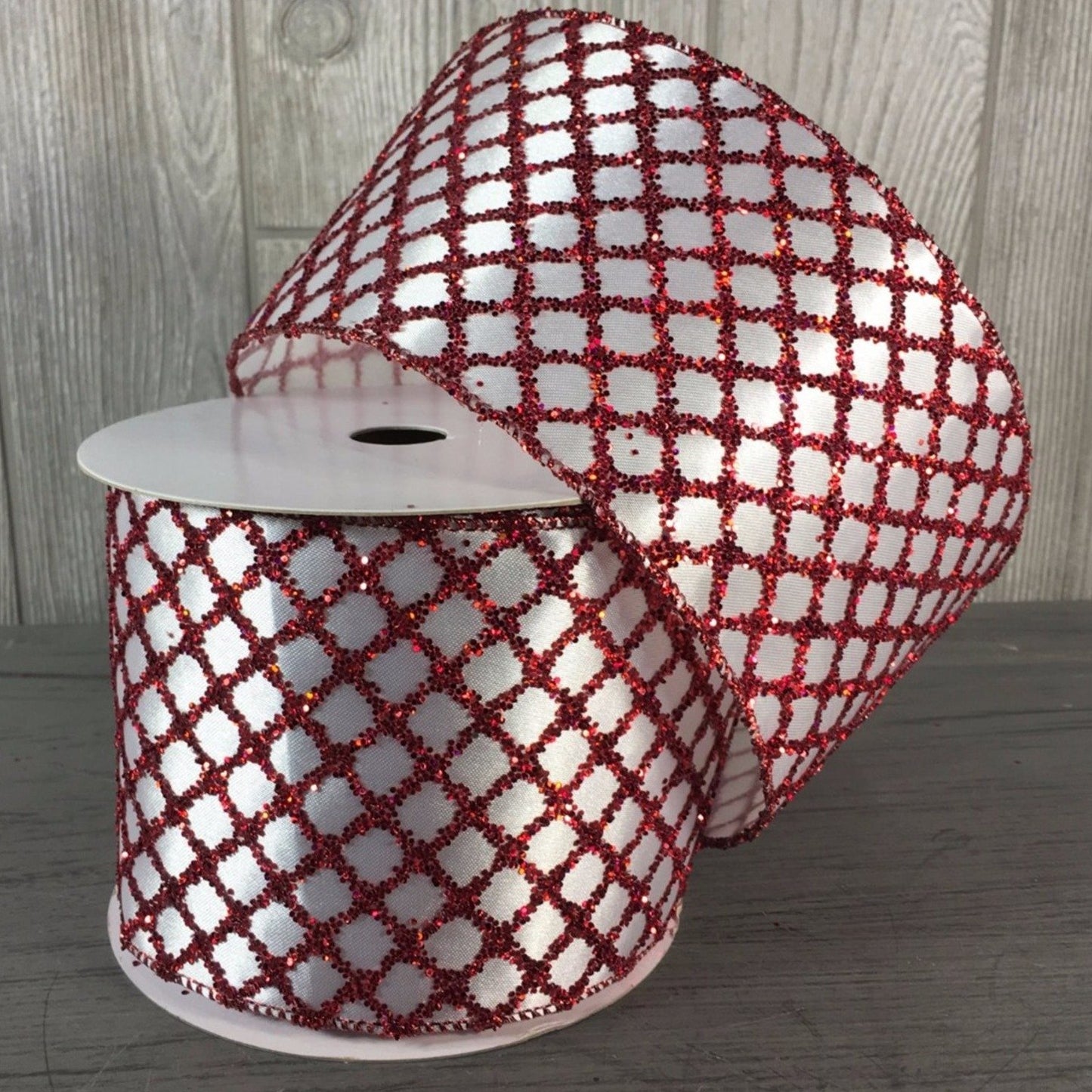 4"X10YD Raised Glitter Net Satin Ribbon in Red/White | YT