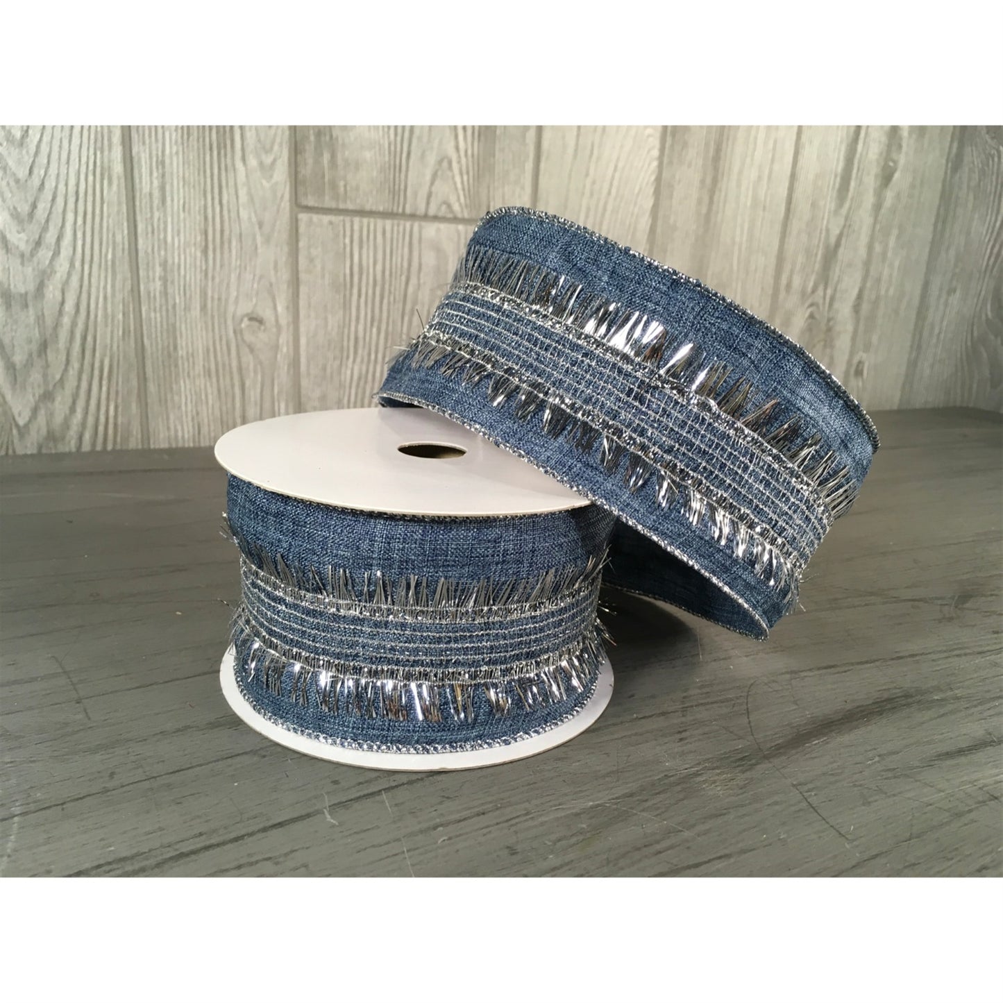 2.5"X10YD Metallic Trim Linen Ribbon in Blue/Silver | YT