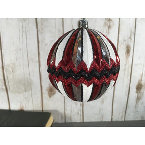 4" Glitter Zig Zag Stripe Ball Ornament in Red/Silver/White/Black | XJB