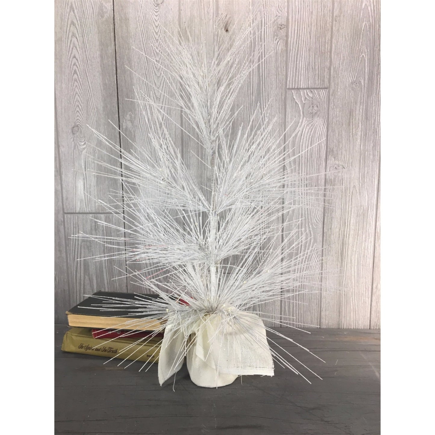 26" Glitter Lone Needle Pine Tree with Burlap Base (battery LED light pack) in White | QS