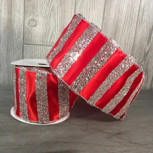 4" X 10YD Glitter Stripe Satin Ribbon in Red/Silver | YT