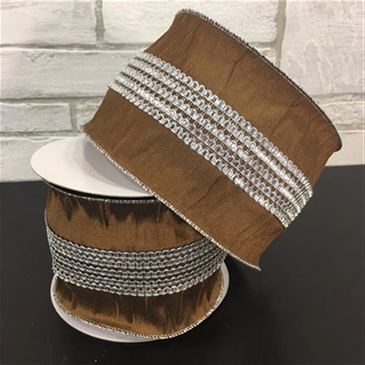 4" X 10YD Jeweled Center Stripe Dupioni Ribbon in Brown/Silver | YT
