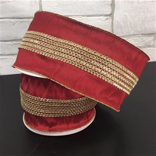 4" X 10YD Jeweled Center Stripe Dupioni Ribbon in Burgundy/Gold | YT
