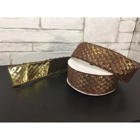 2.5" X 10YD Metallic Faux Fur Ribbon in Chocolate/Gold | YT